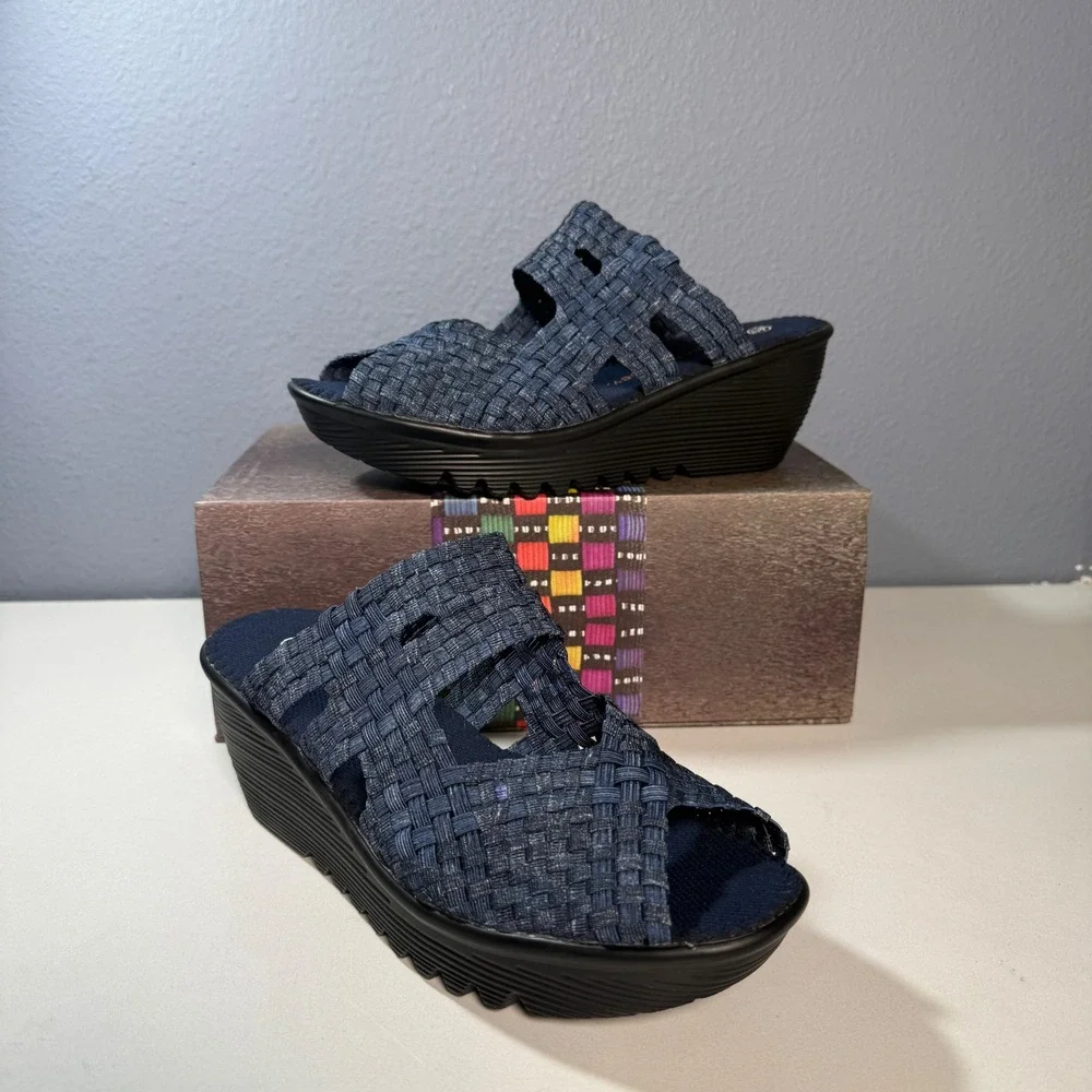 Bernie Mev Woven Wedge Sandals Women 40 Navy Blue New Platform Slides